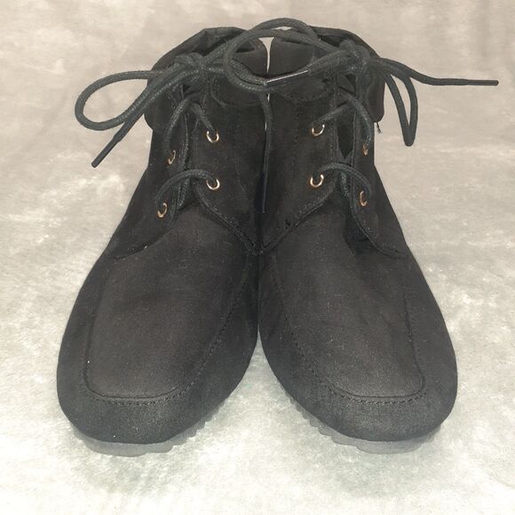 American Eagle Boots Desert Hidden Wedge Bootie Black Textile Lace Up Women's 7 - Picture 3 of 8